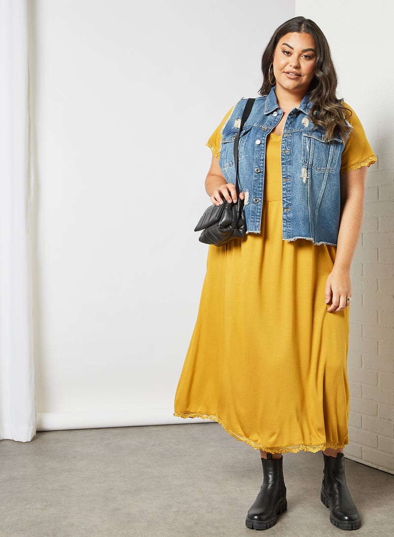 Curve Lace Trim Midi Dress Mustard