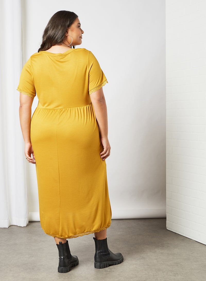 Curve Lace Trim Midi Dress Mustard