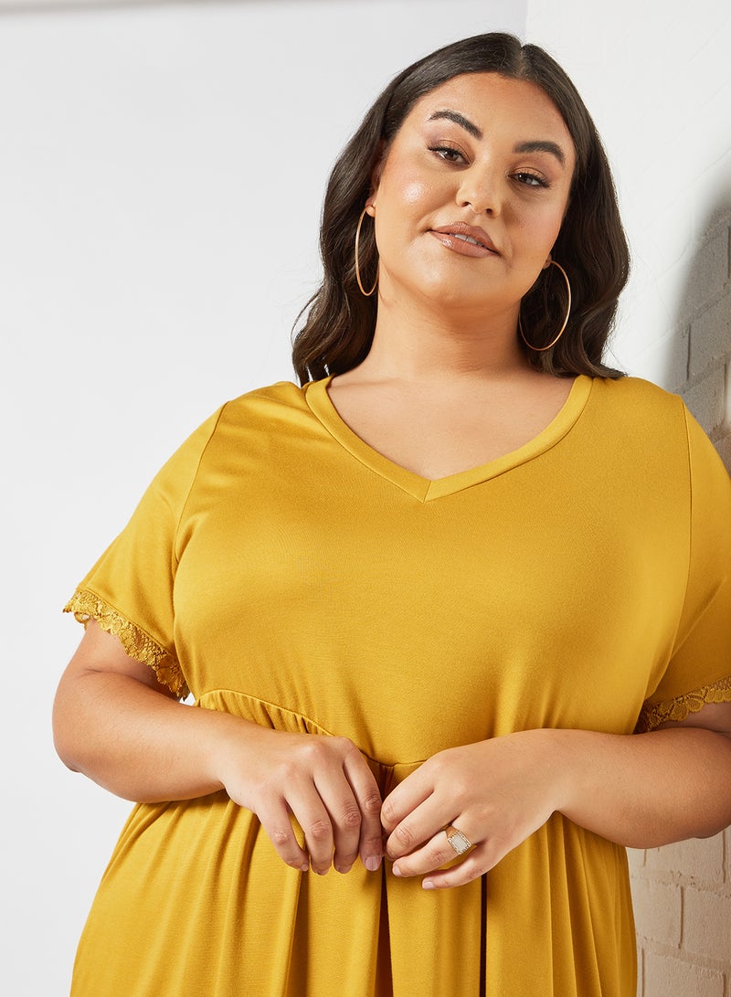 Curve Lace Trim Midi Dress Mustard