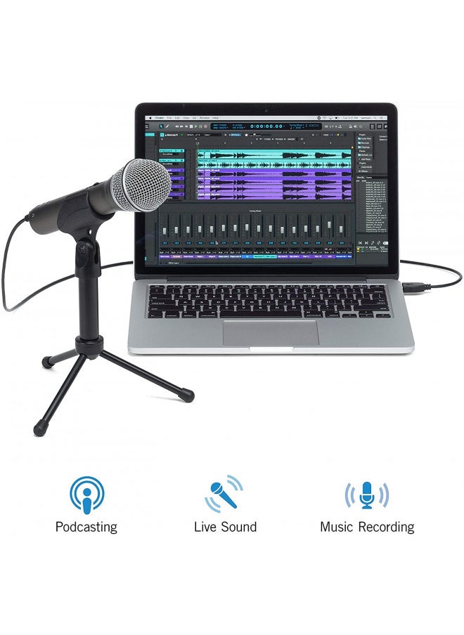 Samson Technologies Q2U USB/XLR Dynamic Microphone Recording and Podcasting Pack (Includes Mic Clip, Desktop Stand, Windscreen and Cables), silver