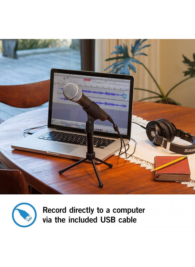 Samson Technologies Q2U USB/XLR Dynamic Microphone Recording and Podcasting Pack (Includes Mic Clip, Desktop Stand, Windscreen and Cables), silver