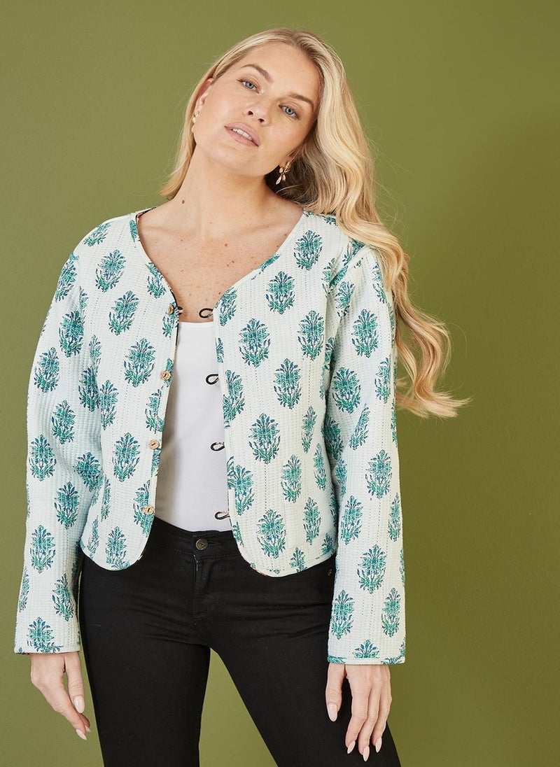 Floral Print Reversible Cotton Cropped Quilted Jacket