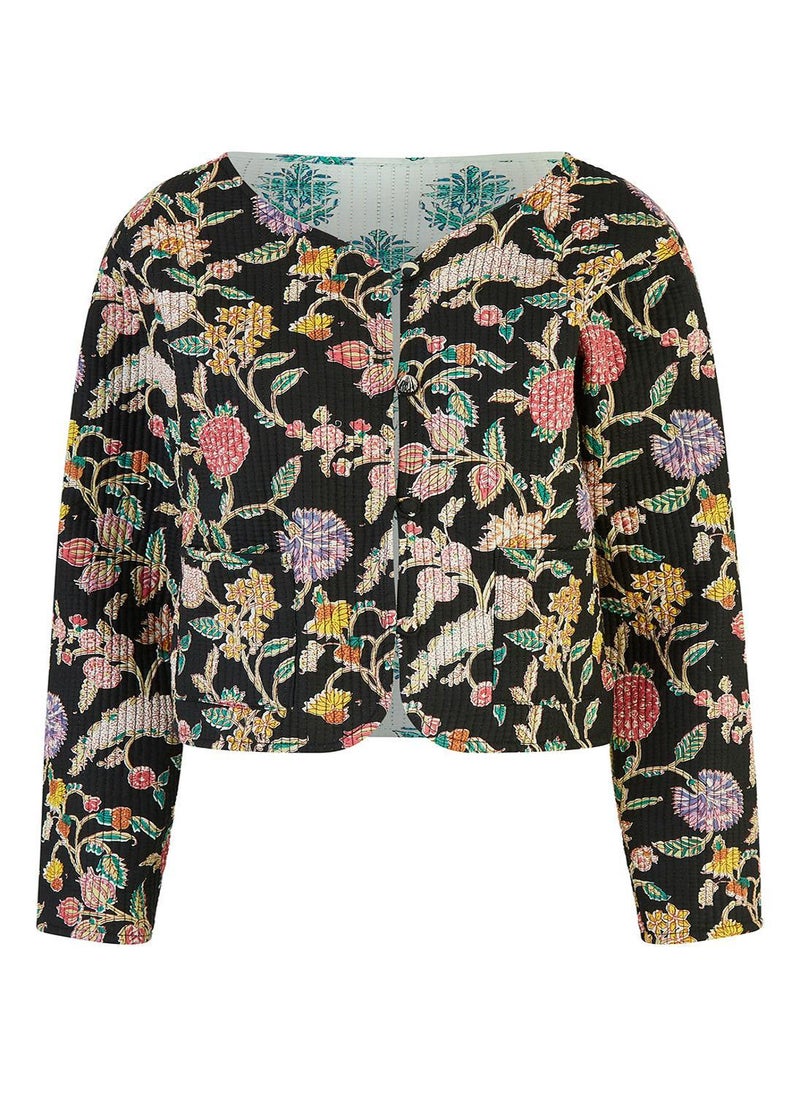 Floral Print Reversible Cotton Cropped Quilted Jacket