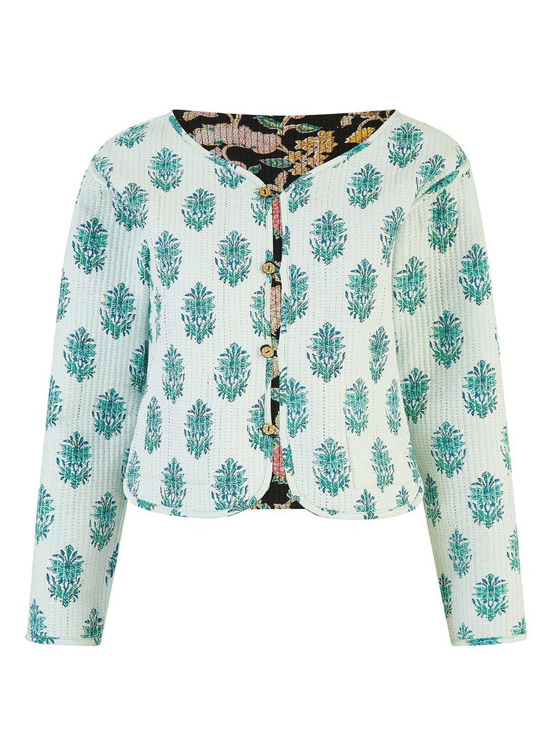 Floral Print Reversible Cotton Cropped Quilted Jacket