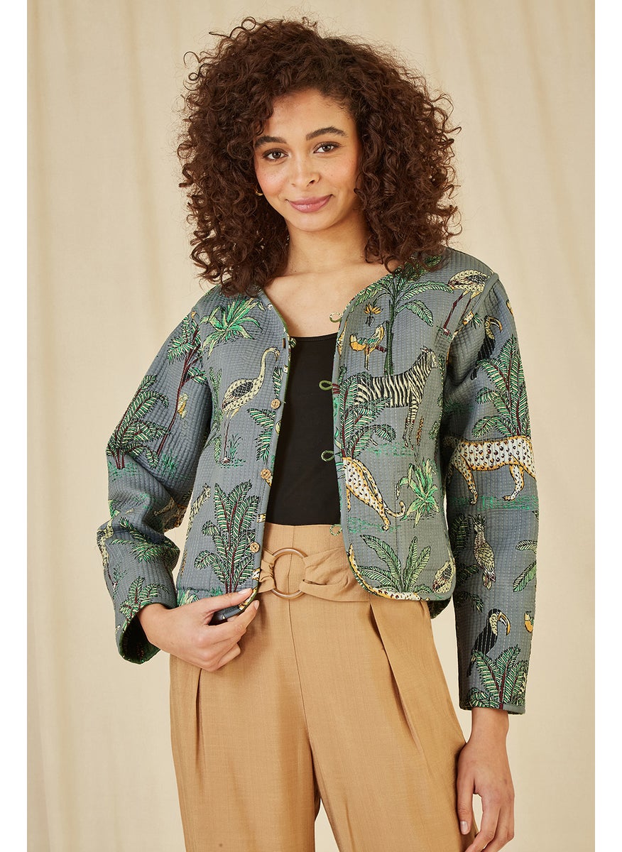 Print Reversible Cotton Cropped Quilted Jacket