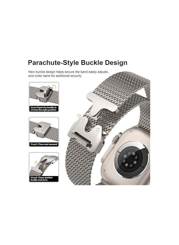 Mesh Loop Compatible with Apple Watch Band Ultra 2/Ultra 49mm 46mm 45mm 44mm Men Women, Designer Parachute-Style Metal Buckle Adjustable Strap for iWatch SE Series 10/9/8/7/6/5/4