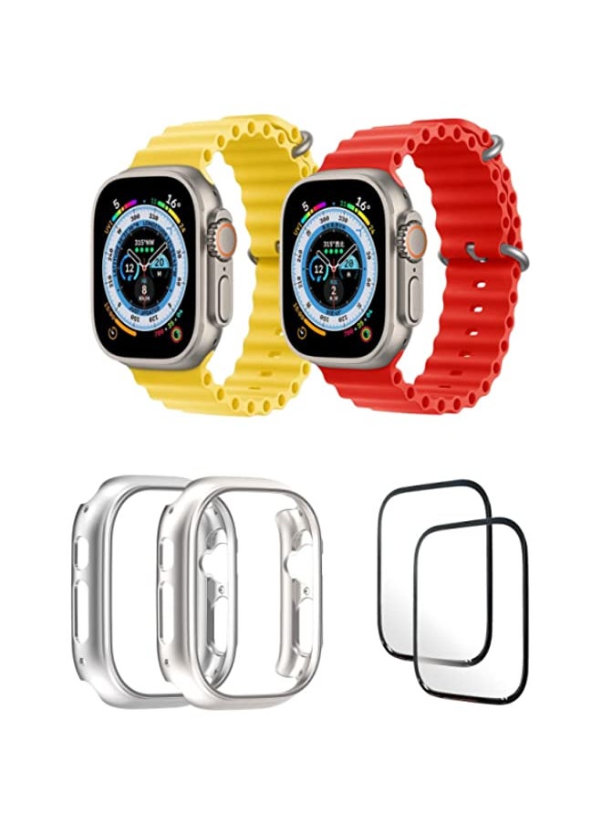 Silicone Ocean Band Strap for Apple Watch Ultra 8 49mm Yellow/Red , Case Compatible with Apple Watch Ultra 49mm Silver/Transparent , 2* pcs Watch glass Set of 6