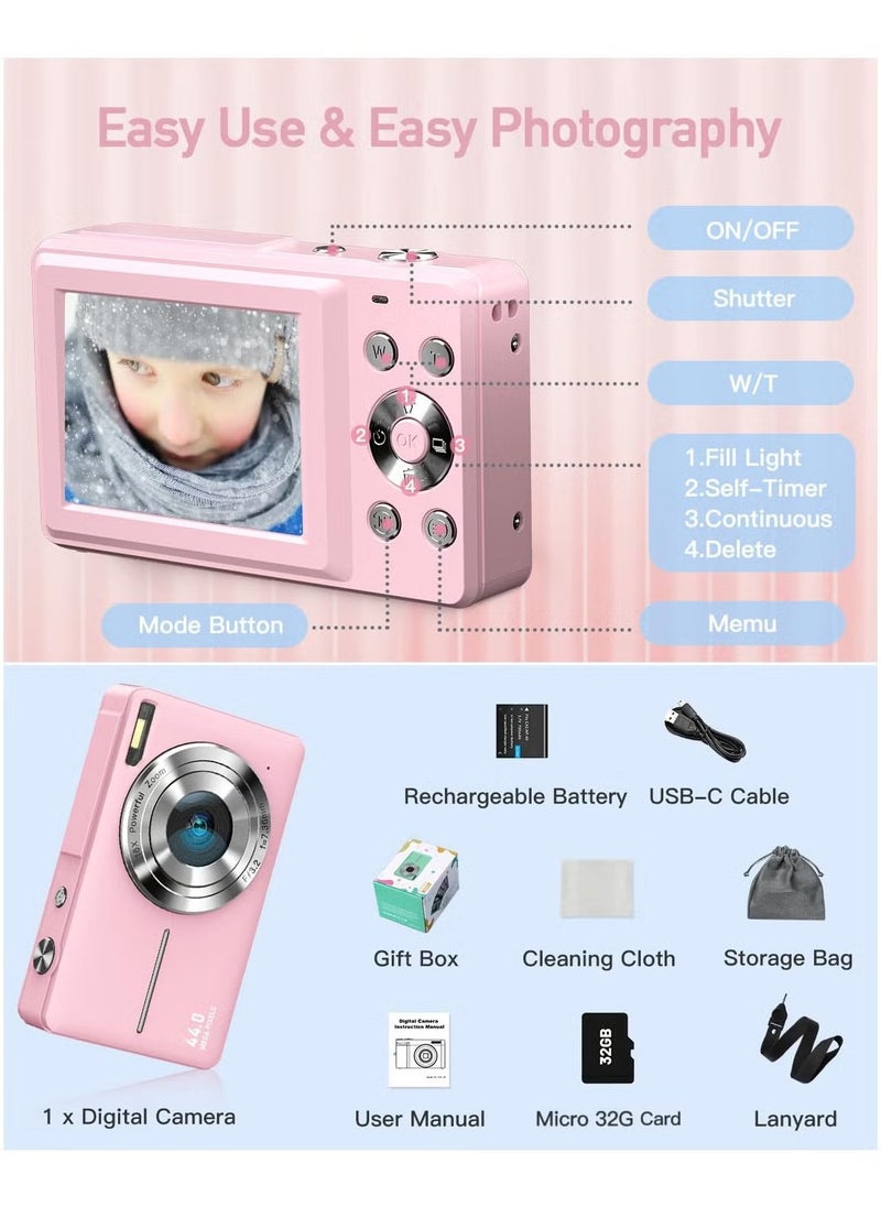 Digital Camera, FHD 1080P Kids Camera 44MP Point and Shoot Digital Camera with 32GB SD Card, 16x Zoom, Lanyard, Small Compact Camera for Kids Boys Girls