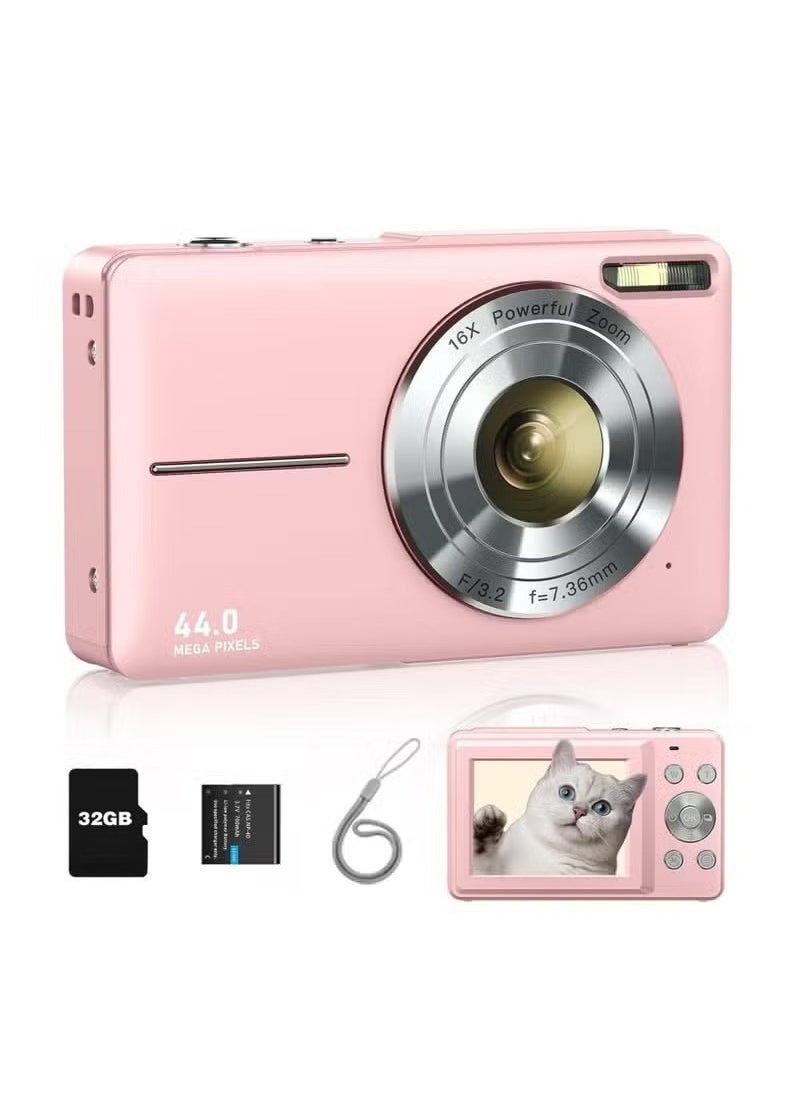 Digital Camera, FHD 1080P Kids Camera 44MP Point and Shoot Digital Camera with 32GB SD Card, 16x Zoom, Lanyard, Small Compact Camera for Kids Boys Girls