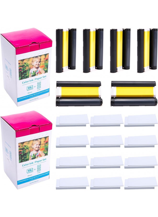 2 Pack Compatible with Canon Selphy CP1300 Ink and Paper, KP-108IN 6 Color Ink Cassette and 216 Sheets 4x6 Photo Paper Glossy for Selphy CP1500, CP1200, CP910, CP910, CP900,CP800 Photo Printer