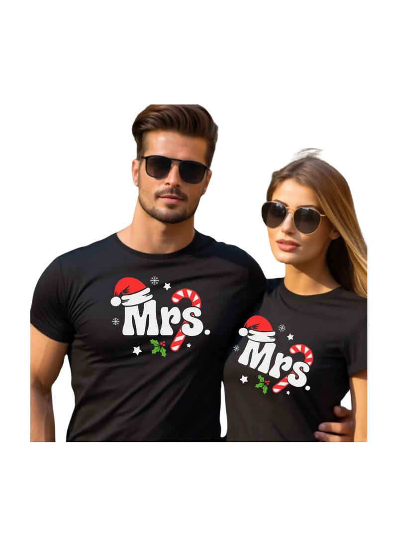 Christmas Couples Round Neck Short Sleeve T-Shirt–Matching Festive Shirts For Couples–Soft Cotton Tshirt