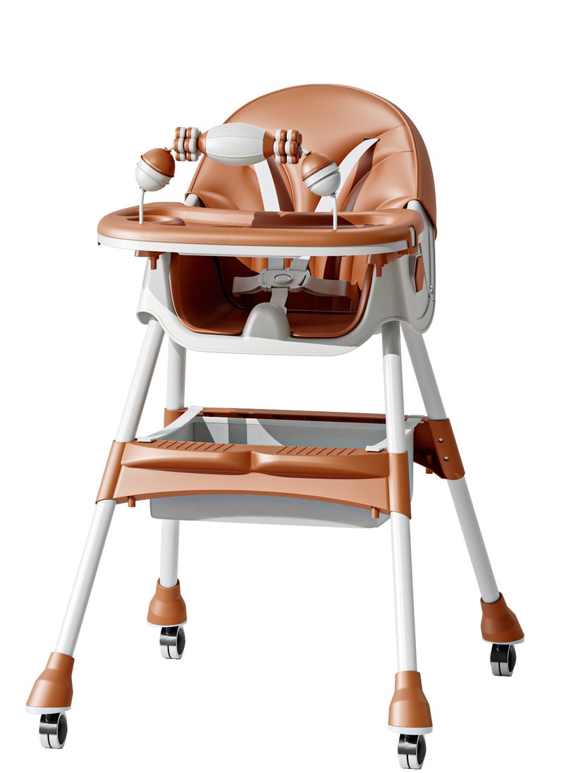 Adjustable High Chair with PU Leather Seat Cover, Double Dinner Plates & Multi-Level Tray Adjustment | Foldable, Reclining, and Storage Function | Adjustable Height & Footrest with Optional Universal Wheels