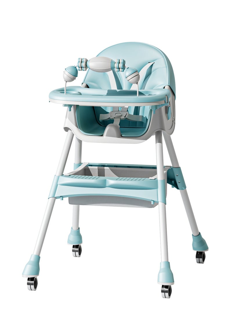 Adjustable High Chair with PU Leather Seat Cover, Double Dinner Plates & Multi-Level Tray Adjustment | Foldable, Reclining, and Storage Function | Adjustable Height & Footrest with Optional Universal Wheels