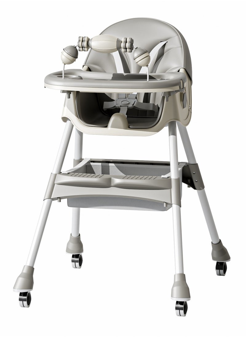 Adjustable High Chair with PU Leather Seat Cover, Double Dinner Plates & Multi-Level Tray Adjustment | Foldable, Reclining, and Storage Function | Adjustable Height & Footrest with Optional Universal Wheels