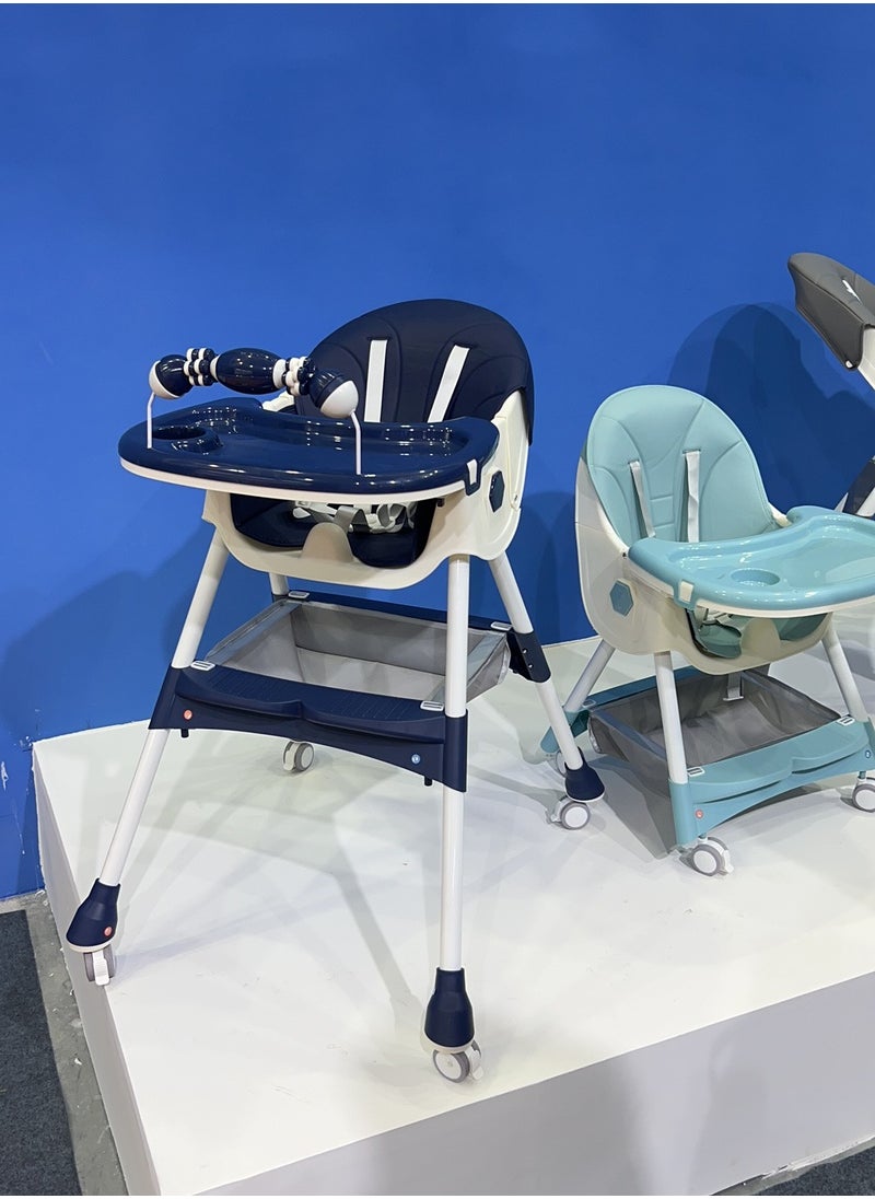 Adjustable High Chair with PU Leather Seat Cover, Double Dinner Plates & Multi-Level Tray Adjustment | Foldable, Reclining, and Storage Function | Adjustable Height & Footrest with Optional Universal Wheels