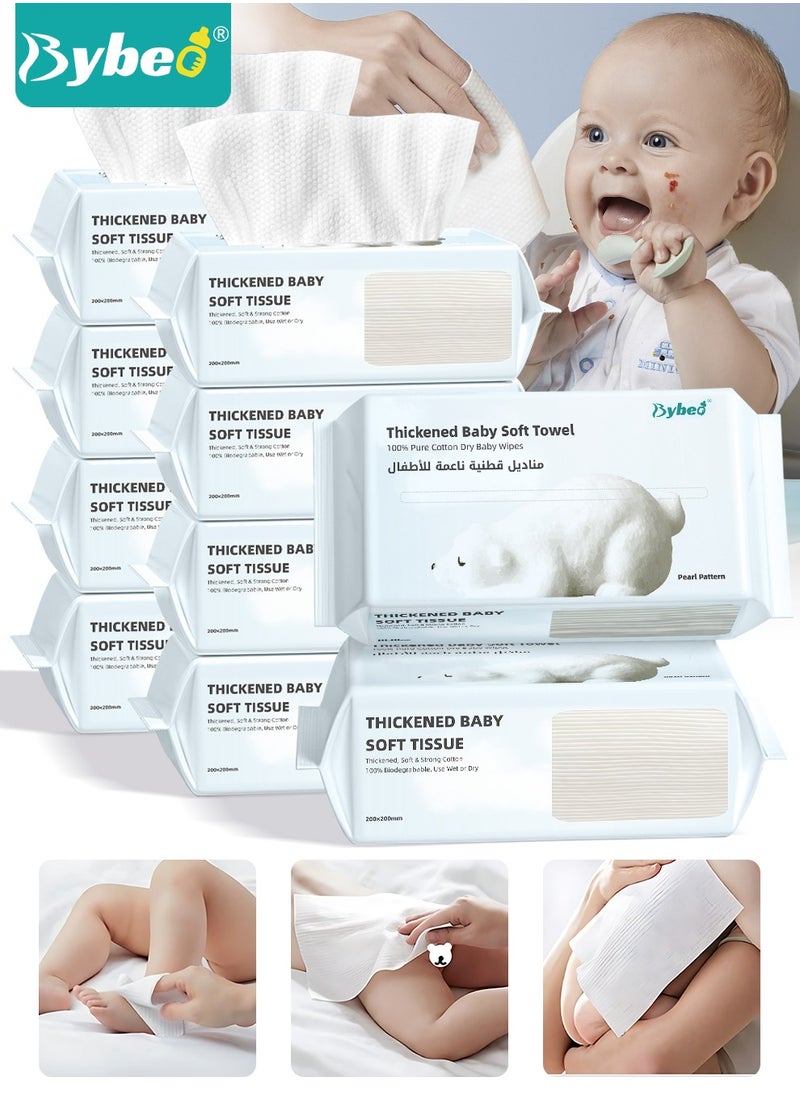 10 Bags Baby Cotton Tissue, Soft Baby Dry Wipe, Wet And Dry Use, Made Of Pure Cotton, 360 Count Unscented Disposable Facial Cotton Tissues