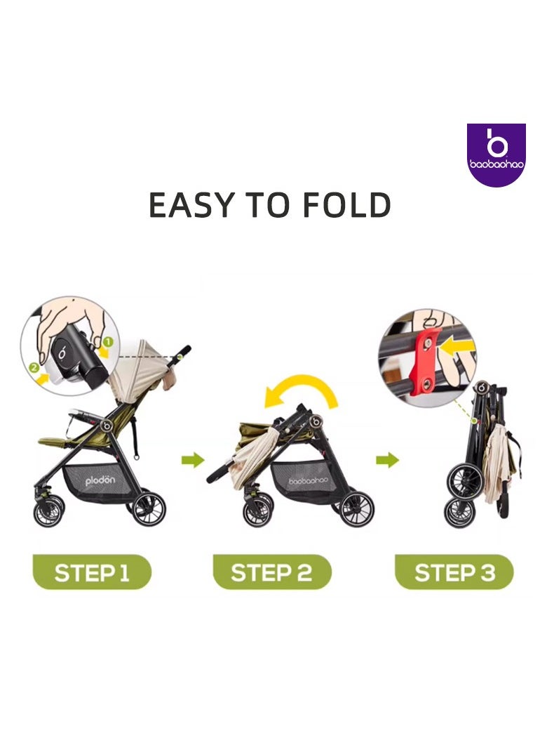 Steel Frame Compact Folding Stroller, One-Key Fold, Multiple Adjustable Backrest, Large Basket, Removable Armrest, Thickened Cotton Cushion for Extra Comfort, EN1888-2 Certified (Up to 22KG)