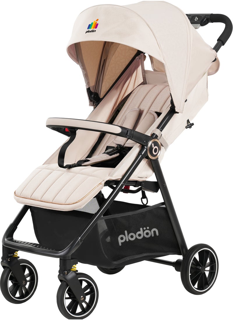 Steel Frame Compact Folding Stroller, One-Key Fold, Multiple Adjustable Backrest, Large Basket, Removable Armrest, Thickened Cotton Cushion for Extra Comfort, EN1888-2 Certified (Up to 22KG)