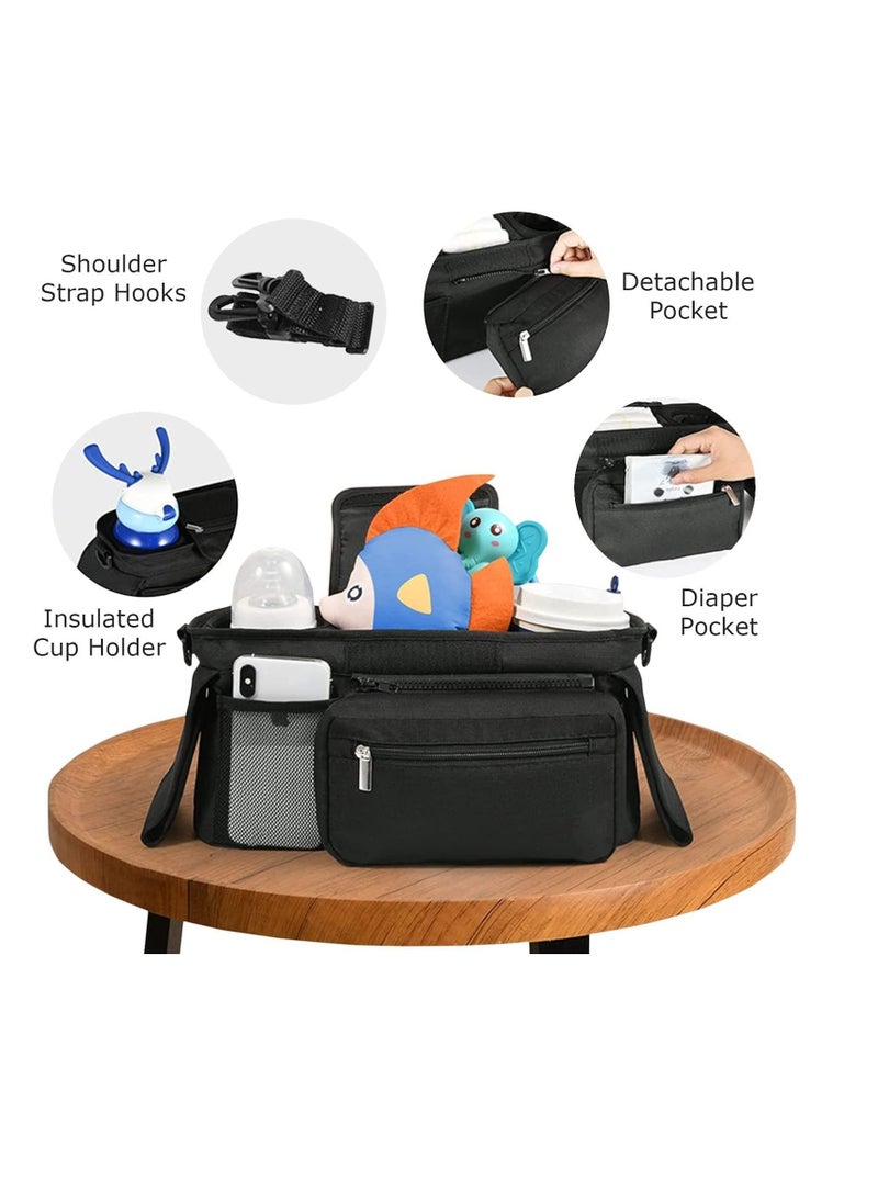 Stroller Accessories : Stroller Organizer Bag, Portable Diaper Bag with Insulated Cup Holder, Detachable Shoulder Strap,Zipper Bag for Baby Pram Hanging, Infant Newborn Essentials Storage Bag (Black)