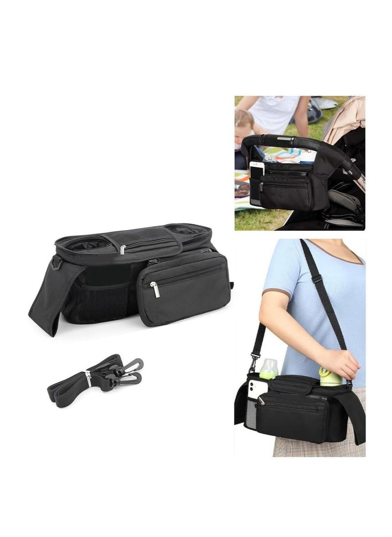 Stroller Accessories : Stroller Organizer Bag, Portable Diaper Bag with Insulated Cup Holder, Detachable Shoulder Strap,Zipper Bag for Baby Pram Hanging, Infant Newborn Essentials Storage Bag (Black)