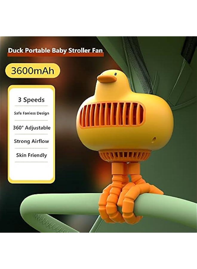 Cute Duck Stroller Fan USB Rechargeable Small Fan Rotate Handheld Fan for Travel Stroller Car Seat Bedroom Camping