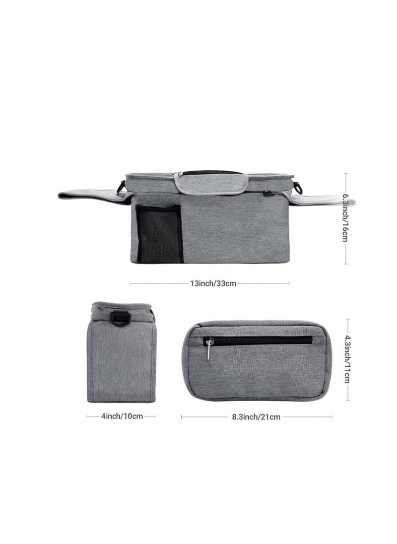 Stroller Accessories : Stroller Organizer Bag, Portable Diaper Bag with Insulated Cup Holder, Detachable Shoulder Strap,Zipper Bag for Baby Pram Hanging, Infant Newborn Essentials Storage Bag (Grey)