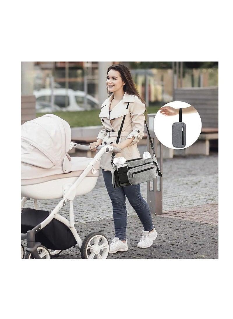 Stroller Accessories : Stroller Organizer Bag, Portable Diaper Bag with Insulated Cup Holder, Detachable Shoulder Strap,Zipper Bag for Baby Pram Hanging, Infant Newborn Essentials Storage Bag (Grey)