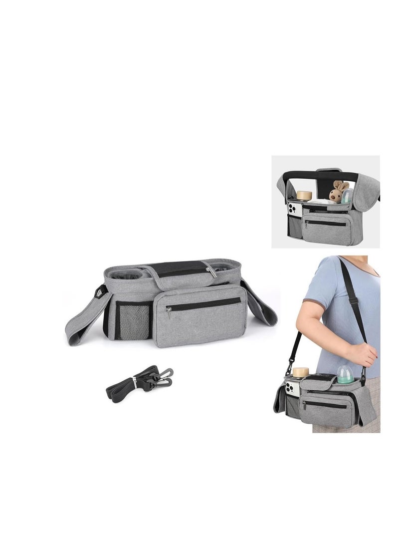 Stroller Accessories : Stroller Organizer Bag, Portable Diaper Bag with Insulated Cup Holder, Detachable Shoulder Strap,Zipper Bag for Baby Pram Hanging, Infant Newborn Essentials Storage Bag (Grey)