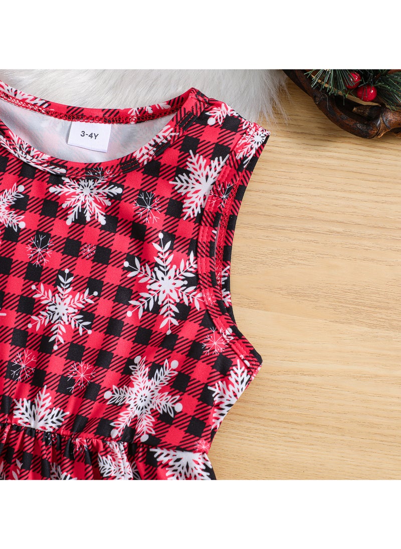 Christmas Dress,Kid Toddler Christmas Outfit Sleeveless Buffalo Plaid Snowflake Print Dress+Hooded Cloak Velvet Cape Dress Up Clothes Kids Princess Dress Cosplay Clothes