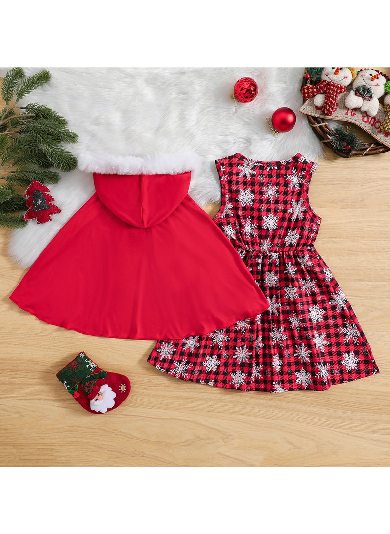 Christmas Dress,Kid Toddler Christmas Outfit Sleeveless Buffalo Plaid Snowflake Print Dress+Hooded Cloak Velvet Cape Dress Up Clothes Kids Princess Dress Cosplay Clothes