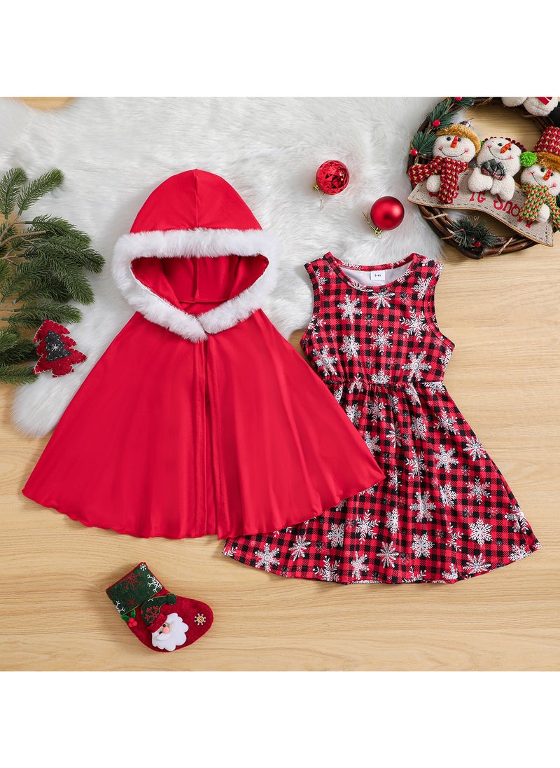 Christmas Dress,Kid Toddler Christmas Outfit Sleeveless Buffalo Plaid Snowflake Print Dress+Hooded Cloak Velvet Cape Dress Up Clothes Kids Princess Dress Cosplay Clothes