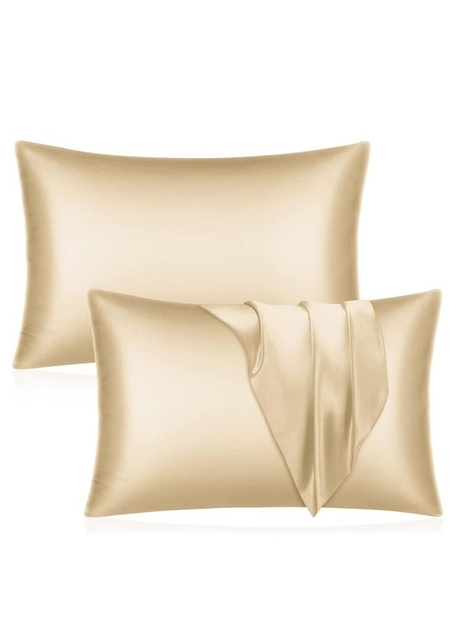 Silk Satin Pillowcase for Hair and Skin Queen - Champagne Gold Silk Pillowcase 2 Pack 76L x 51W CM (20x30 Inches) - Satin Pillow Cases Set of 2 with Envelope Closure