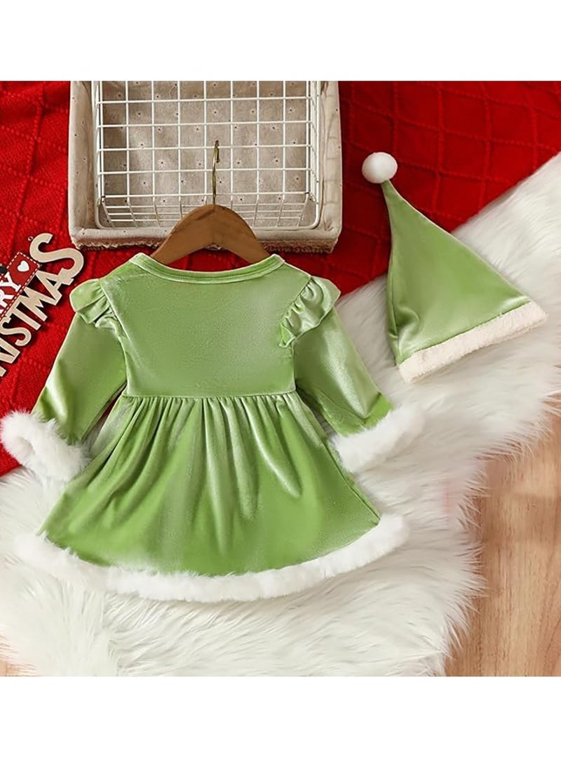 Children's Dress with Hood Velvet Jumpsuit Baby Jumpsuit Autumn and Winter Newborn Clothes Set Christmas (Green)