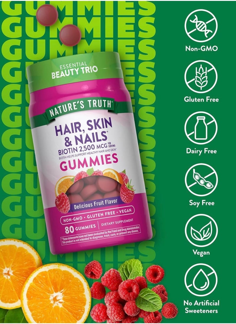 Hair, Skin Nails Gummies, Natural Fruit, 80 Vegan Gummies