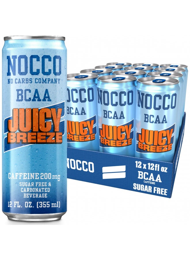 NOCCO BCAA Energy Drink Juicy Breeze - 12 Fl Oz (Pack of 12) - 200mg of Caffeine, Sugar Free Energy Drinks - Carbonated & Low Calorie, BCAAs, Vitamin B6, B12, & Biotin - Grab & Go Performance Drink