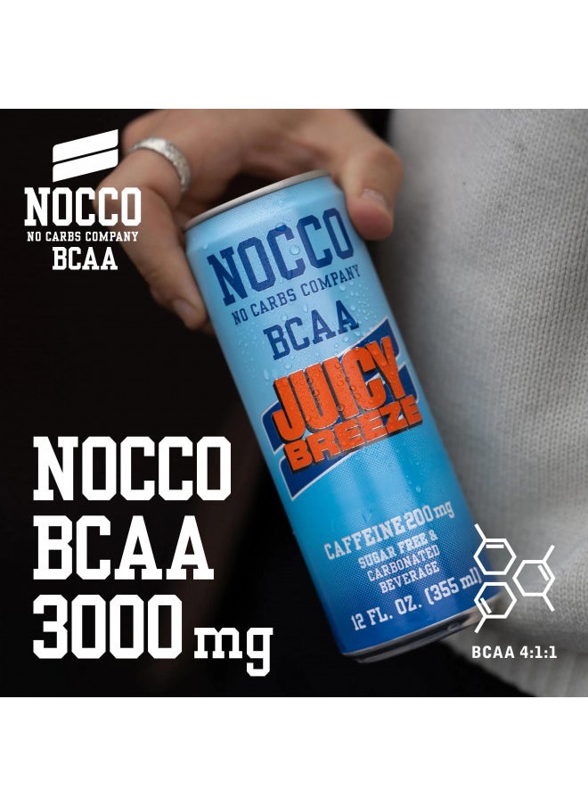 NOCCO BCAA Energy Drink Juicy Breeze - 12 Fl Oz (Pack of 12) - 200mg of Caffeine, Sugar Free Energy Drinks - Carbonated & Low Calorie, BCAAs, Vitamin B6, B12, & Biotin - Grab & Go Performance Drink