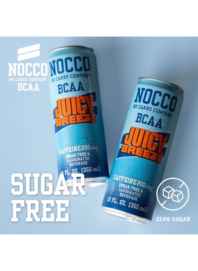 NOCCO BCAA Energy Drink Juicy Breeze - 12 Fl Oz (Pack of 12) - 200mg of Caffeine, Sugar Free Energy Drinks - Carbonated & Low Calorie, BCAAs, Vitamin B6, B12, & Biotin - Grab & Go Performance Drink