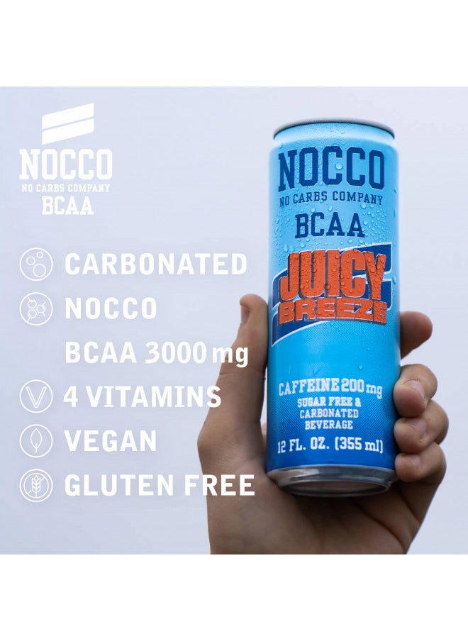 NOCCO BCAA Energy Drink Juicy Breeze - 12 Fl Oz (Pack of 12) - 200mg of Caffeine, Sugar Free Energy Drinks - Carbonated & Low Calorie, BCAAs, Vitamin B6, B12, & Biotin - Grab & Go Performance Drink