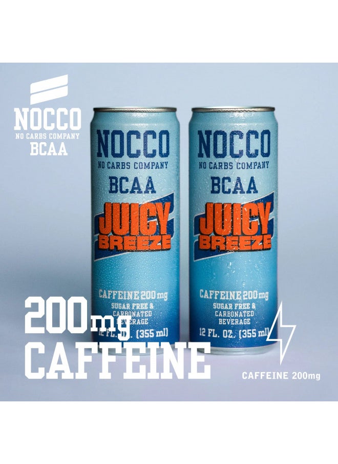 NOCCO BCAA Energy Drink Juicy Breeze - 12 Fl Oz (Pack of 12) - 200mg of Caffeine, Sugar Free Energy Drinks - Carbonated & Low Calorie, BCAAs, Vitamin B6, B12, & Biotin - Grab & Go Performance Drink