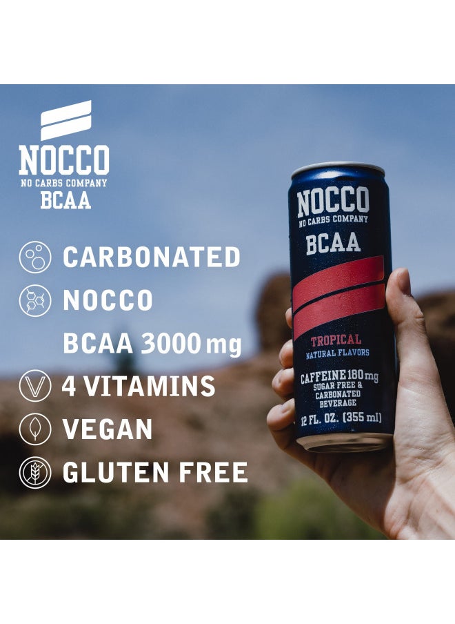 NOCCO BCAA Energy Drink Tropical Flavor - 12 Fl Oz (Pack of 12) - 180mg of Caffeine, Sugar Free Energy Drinks - Carbonated & Low Calorie, BCAAs, Vitamin B6, B12, & Biotin - Grab & Go Performance Drink