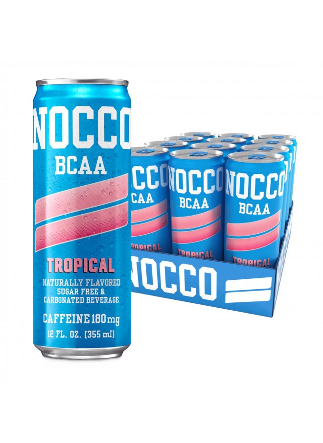 NOCCO BCAA Energy Drink Tropical Flavor - 12 Fl Oz (Pack of 12) - 180mg of Caffeine, Sugar Free Energy Drinks - Carbonated & Low Calorie, BCAAs, Vitamin B6, B12, & Biotin - Grab & Go Performance Drink