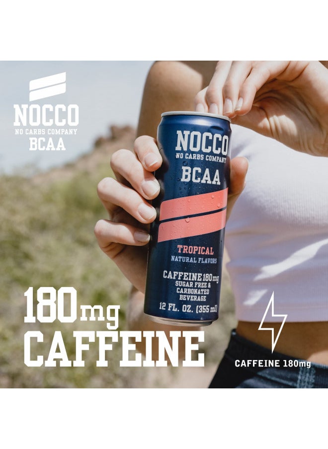 NOCCO BCAA Energy Drink Tropical Flavor - 12 Fl Oz (Pack of 12) - 180mg of Caffeine, Sugar Free Energy Drinks - Carbonated & Low Calorie, BCAAs, Vitamin B6, B12, & Biotin - Grab & Go Performance Drink