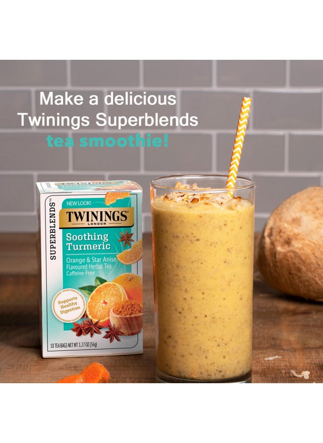 Twinings Soothe Tea - Orange & Star Anise Flavoured Turmeric Tea, Digestive Tea, Naturally Caffeine-Free Herbal Tea Bags Individually Wrapped, 18 Count.