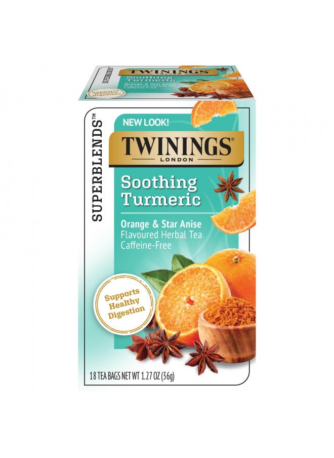 Twinings Soothe Tea - Orange & Star Anise Flavoured Turmeric Tea, Digestive Tea, Naturally Caffeine-Free Herbal Tea Bags Individually Wrapped, 18 Count.