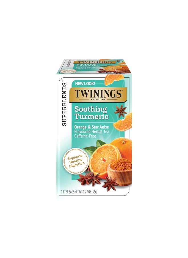 Twinings Soothe Tea - Orange & Star Anise Flavoured Turmeric Tea, Digestive Tea, Naturally Caffeine-Free Herbal Tea Bags Individually Wrapped, 18 Count.