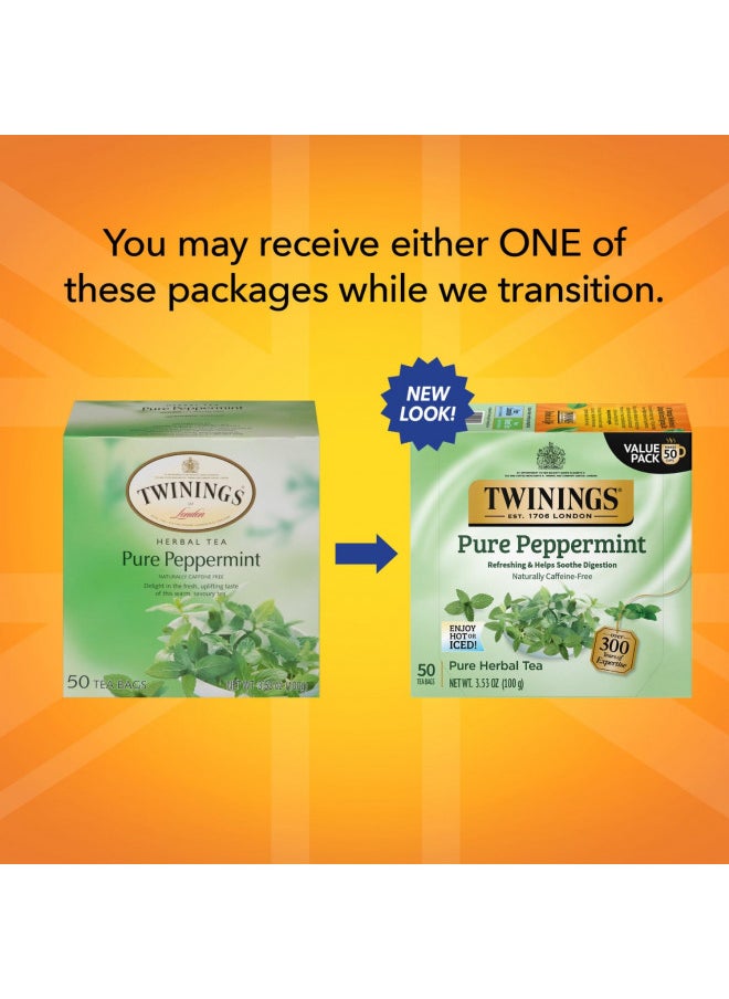 Twinings Pure Peppermint Tea - Naturally Caffeine Free, Refreshing Mint Herbal Tea Bags Individually Wrapped, 50 Count