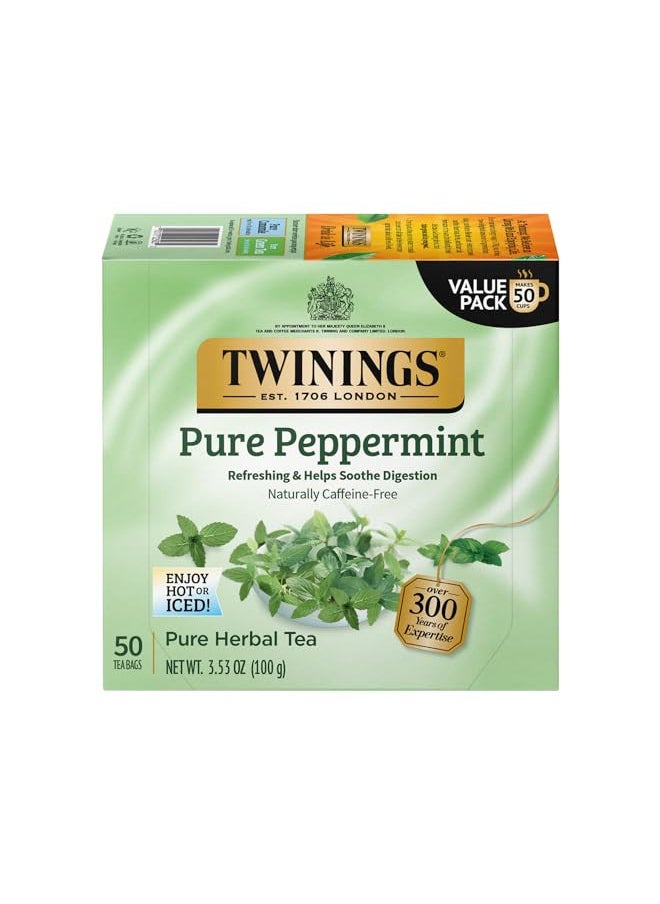 Twinings Pure Peppermint Tea - Naturally Caffeine Free, Refreshing Mint Herbal Tea Bags Individually Wrapped, 50 Count