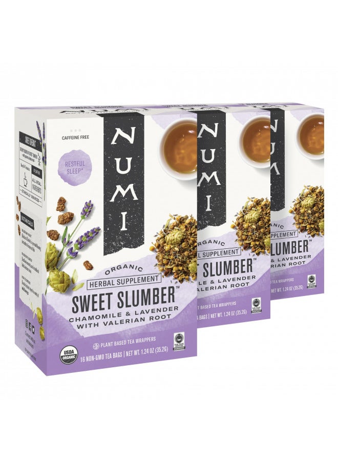 Numi Organic Tea Sweet Slumber, Valerian Root, Chamomile & Lavender Sleep Tea, 16 Tea Bags (Pack of 3), Packaging May Vary