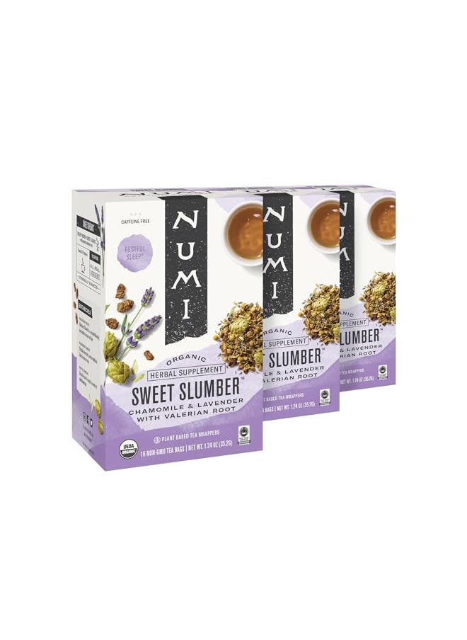 Numi Organic Tea Sweet Slumber, Valerian Root, Chamomile & Lavender Sleep Tea, 16 Tea Bags (Pack of 3), Packaging May Vary