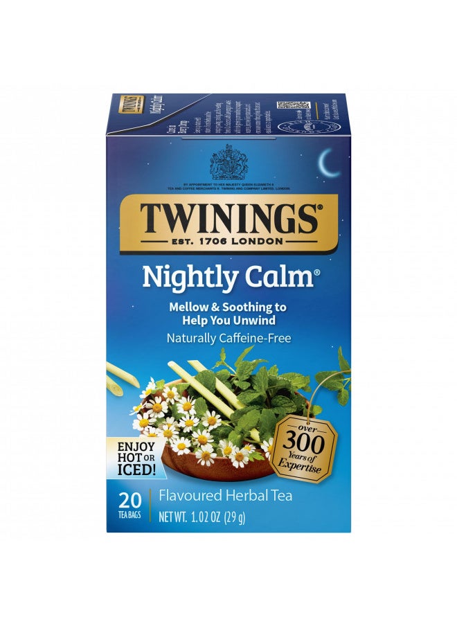 Twinings Nightly Calm Herbal Tea, 20 Count Pack of 6, Individually Wrapped Tea Bags, Camomile, Spearmint & Lemongrass, Caffeine Free